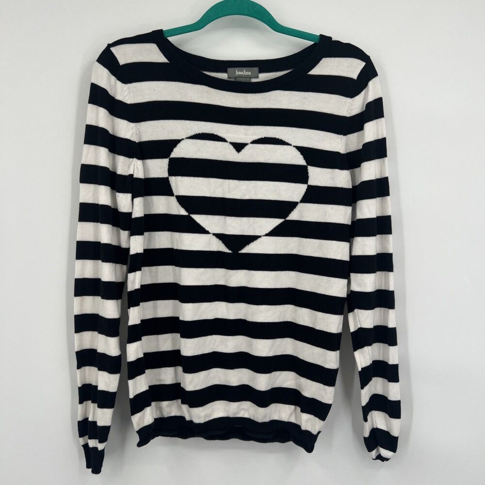 Neiman Marcus Striped Heart Sweater Large Modal Cotton Fits Small